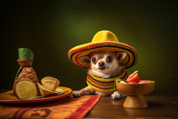 A dog in a sombrero at a table with Mexican food