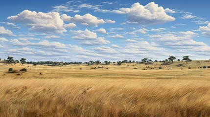 Obraz premium a field of grass with trees in the distance and clouds in the sky. generative ai