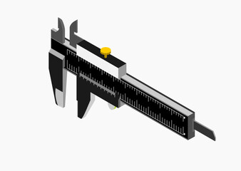 A black color Vernier caliper isolated on white background. Its a visual aid to take an accurate measurement reading between two graduation markings on a linear scale by using mechanical interpolation