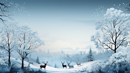 A herd of deer standing on top of a snow covered forest. Winter greeting card design, wintertime background with copy space, place for text.