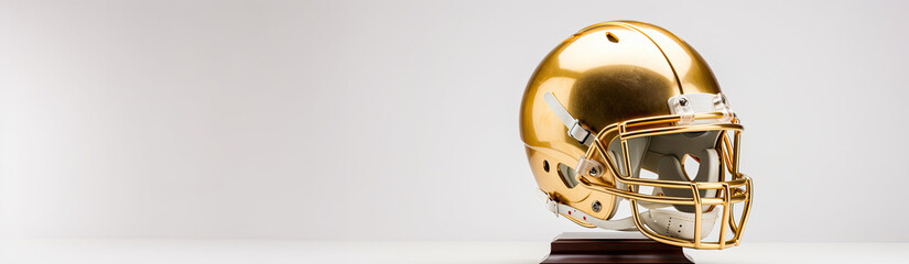 Fototapeta premium American football helmet on golden trophy, white background with space for text. Generative AI