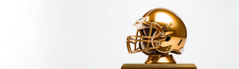 American football helmet on golden trophy, white background with space for text. Generative AI
