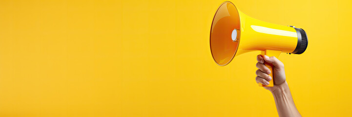 Hand holding megaphone on yellow background, black friday and promotion concept, space for text. Generative AI