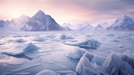  a mountain range covered in ice and snow with a sunset in the background.  generative ai