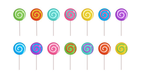 Lollipop candy vector icon, spiral sucker on stick, sugar swirl set. Rainbow sweet lollypop isolated on white background. Cartoon illustration