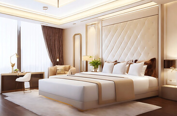3d rendering beautiful luxury bedroom suite in hotel with tv and working table 