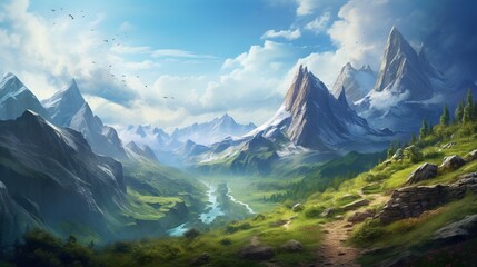  a painting of a mountain landscape with a river running through it.  generative ai