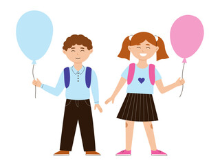 Back to school happy boy and girl with a backpack and a balloon in a school uniform. Vector illustration on a white background