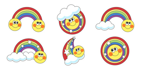 Set of cheerful yellow emoticons with colorful rainbow. Sticker in a children's theme. Flat style. vector illustration.
