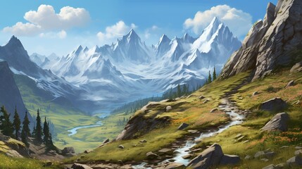  a painting of a mountain landscape with a stream running through it.  generative ai