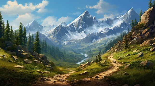  a painting of a mountain landscape with a path leading to a lake.  generative ai