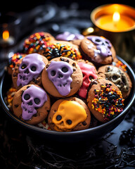 Halloween theme figurine cookies in a decorated bowl, 4:5 aspect ratio. mobile background picture