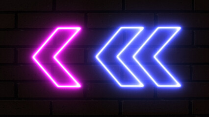 Glowing directional left arrow neon sign. Set of bright purple and blue neon light arrows pointing to the left. Flashing direction indicators. 3D render of glowing neon arrows on a bricks background