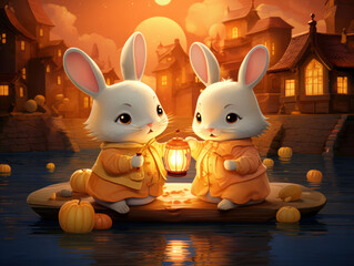 Happy mid autumn festival with rabbit and lantern under the moon
