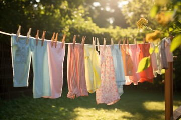Laundry drying on a clothesline in the sun light. children's colorful clothing drying, AI Generated