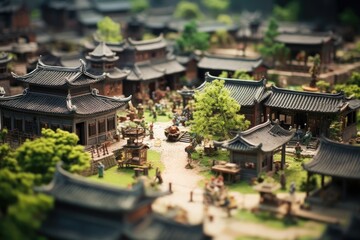 Miniature of traditional chinese village. Selective focus on foreground, tilt shift photo of an ancient Chinese village, AI Generated