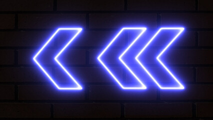 Glowing directional left arrow neon sign. Set of blue neon light arrows pointing to the left. Flashing direction indicators. 3D rendering of glowing neon arrows on a bricks background