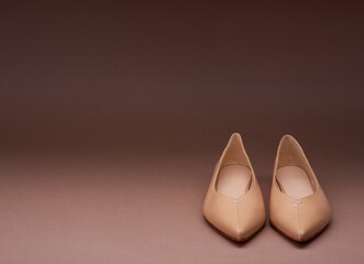 Classy women's ballerina shoes with pointed toes isolated on a gradient brown background. Copy space for text. Creative minimalistic layout with footwear.