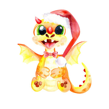 New year 2024 simbol of dragon. Yellow watercolor dragon santa for christmas design