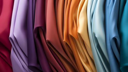an array of colorful smooth silky cloth, colorful clothes and cloths, various smooth fabrics background, made with Generative AI