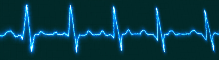 Bright fire blue neon heartbeat line icon isolated on blue grid background. Heartbeat line, Pulse...
