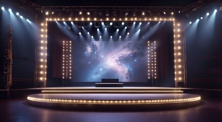 A well-lit stage with a large screen as the centerpiece