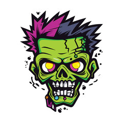 Halloween zombie skull. Vector illustration of Cartoon Zombie head. Digital Vector Artwork on a Transparent Background. 