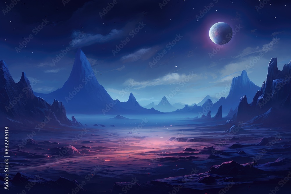 Wall mural fantasy alien planet. mountain and lake. 3d illustration. alien planet landscape for space game back