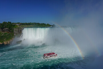 Niagara Falls, Ontario, Canada: A double rainbow appears over the Niagara River as a tour boat takes visitors to the foot of the Horseshoe Falls.