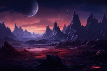 Fantasy alien planet. Mountain and lake. 3D illustration. Alien planet landscape for space game background, AI Generated