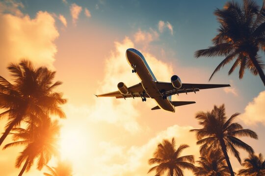 Airplane flying over palm trees at sunset. Travel and vacation concept, Airplane flying above palm trees in clear sunset sky with sun rays, AI Generated