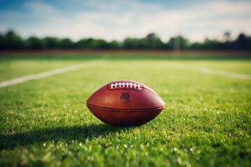 American football ball on green field. American football ball on green field. American Football shot with shallow depth of field with room for copy, AI Generated