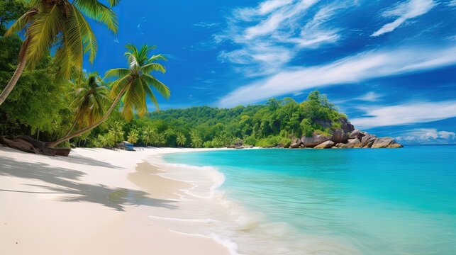  a tropical beach with palm trees and blue water on a sunny day.  generative ai