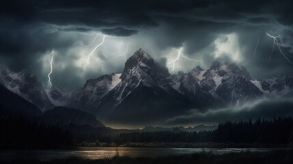  a mountain scene with a lake and a storm in the sky.  generative ai
