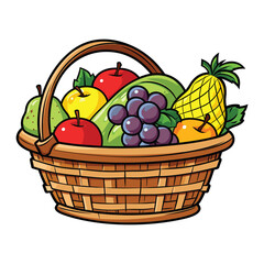 Vector illustration of a realistic round wicker basket full of fresh fruit. 