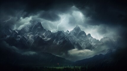  a mountain range with a dark sky and lightning in the background.  generative ai