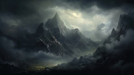  a painting of a mountain range in a storm with a full moon in the sky.  generative ai