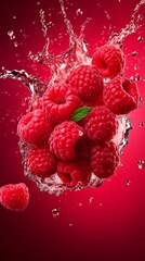 A cinematic shot of red raspberry fruits falling with water splash, for commercial use, red raspberry juice