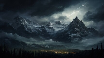  a mountain covered in a storm with lightning coming from it.  generative ai