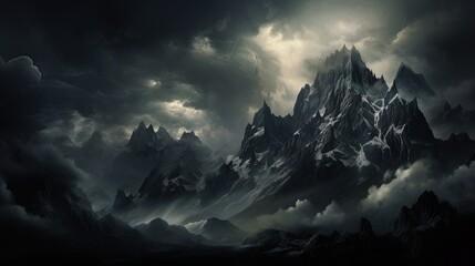  a mountain covered in clouds under a dark sky with a full moon.  generative ai