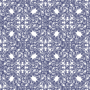 Azulejos - seamless pattern. Portuguese Dutch and oriental tile in shades of in classic pale blue ang indigo colors. Baroque Vector mosaic. Rococo and Arabesque ornament