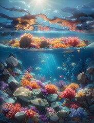 A vibrant underwater stage with rocks and corals