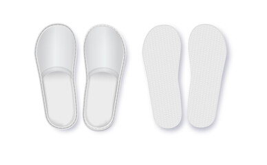 Realistic White Detailed Hotel Slippers on White Background. Comfortable Footwear. Vector