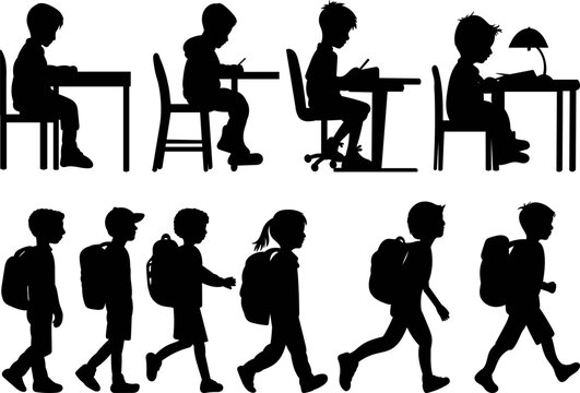 silhouette children with backpacks go, do homework set vector