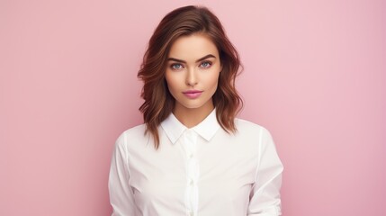 Fototapeta premium A portrait shot of a gorgeous woman wearing a white blank shirt on a pink background