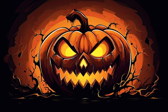 Drawn spooky halloween pumpkin on black background