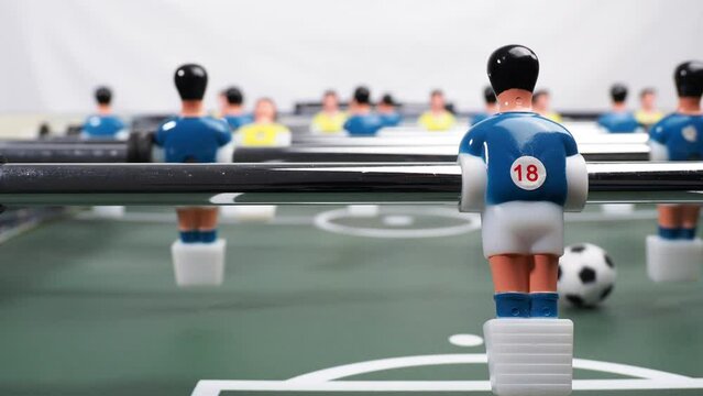 Close-up of a table football game. Camera movement. Football game.