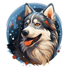 A delightful Christmas Husky Dog t-shirt design featuring a Husky in a snowy alpine meadow, adorned with festive holiday lights and ornaments, Generative Ai