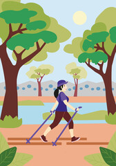  Girl is engaged in Nordic walking in a summer city park.  Woman  Training Nordic walking with ski trekking poles in along the riverbank. Active rest outdoors. Illustration in a flat cartoon style.
