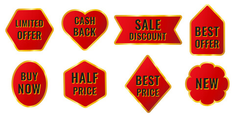 Set of red and gold sale tags.  Discount label set, best price offer, sale stickers, vector.